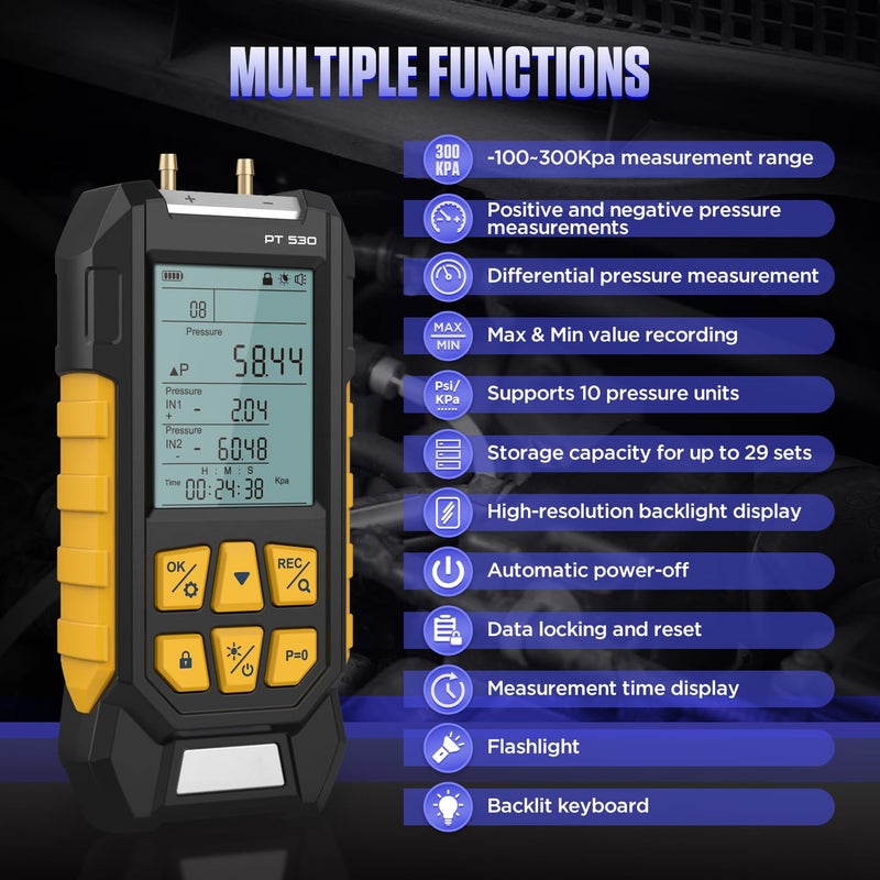 LUTIFIX مقياس الضغط، مقياس ضغط HVAC مزدوج المنفذ مع 7 محولات، مفتاح 10 وحدات، قفل بيانات وتخزين، ظهر مغناطيسي، جهاز اختبار ضغط الغاز، -100~300Kpa، PT530 - Image 2